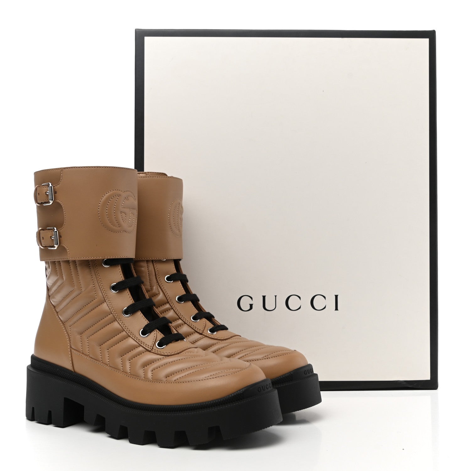 Gucci Nappa Frances GG Matelasse Platform Combat Boots 38 Natural Tan 9 of 9