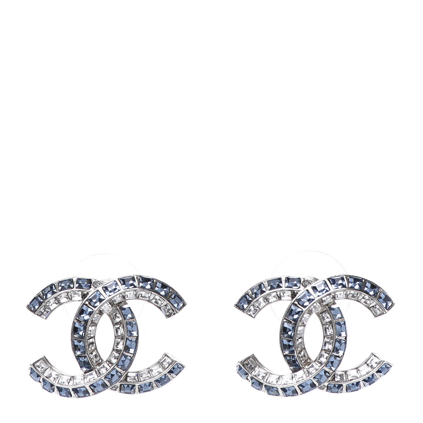 Metal Baguette Crystal CC Earrings Silver Blue