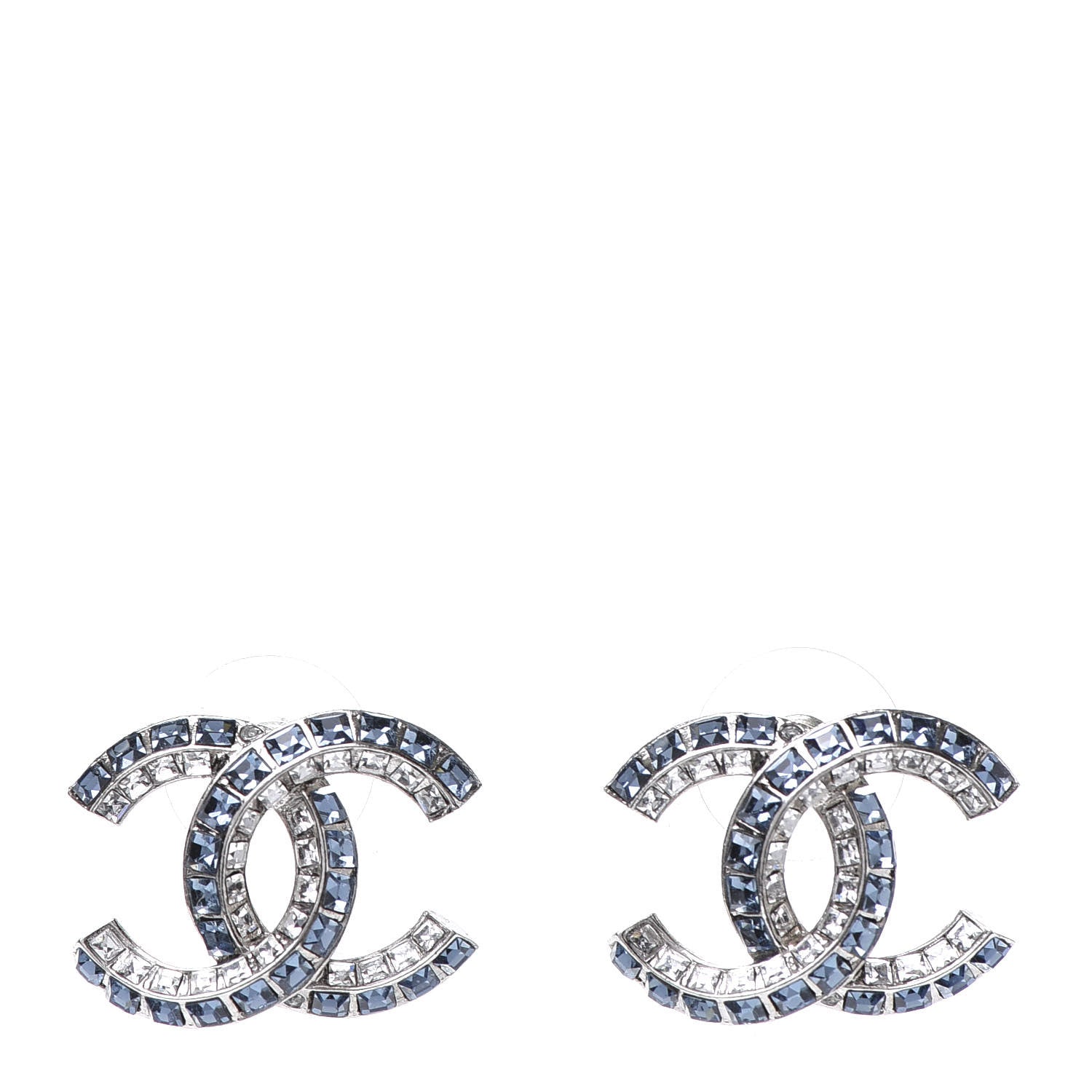 Chanel Metal Baguette Crystal CC Earrings Silver Blue 1 of 5