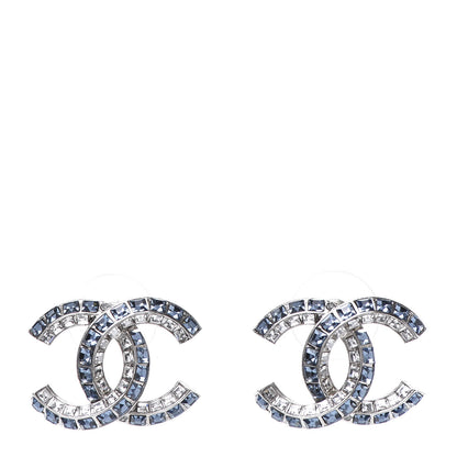 Chanel Metal Baguette Crystal CC Earrings Silver Blue 1 of 5