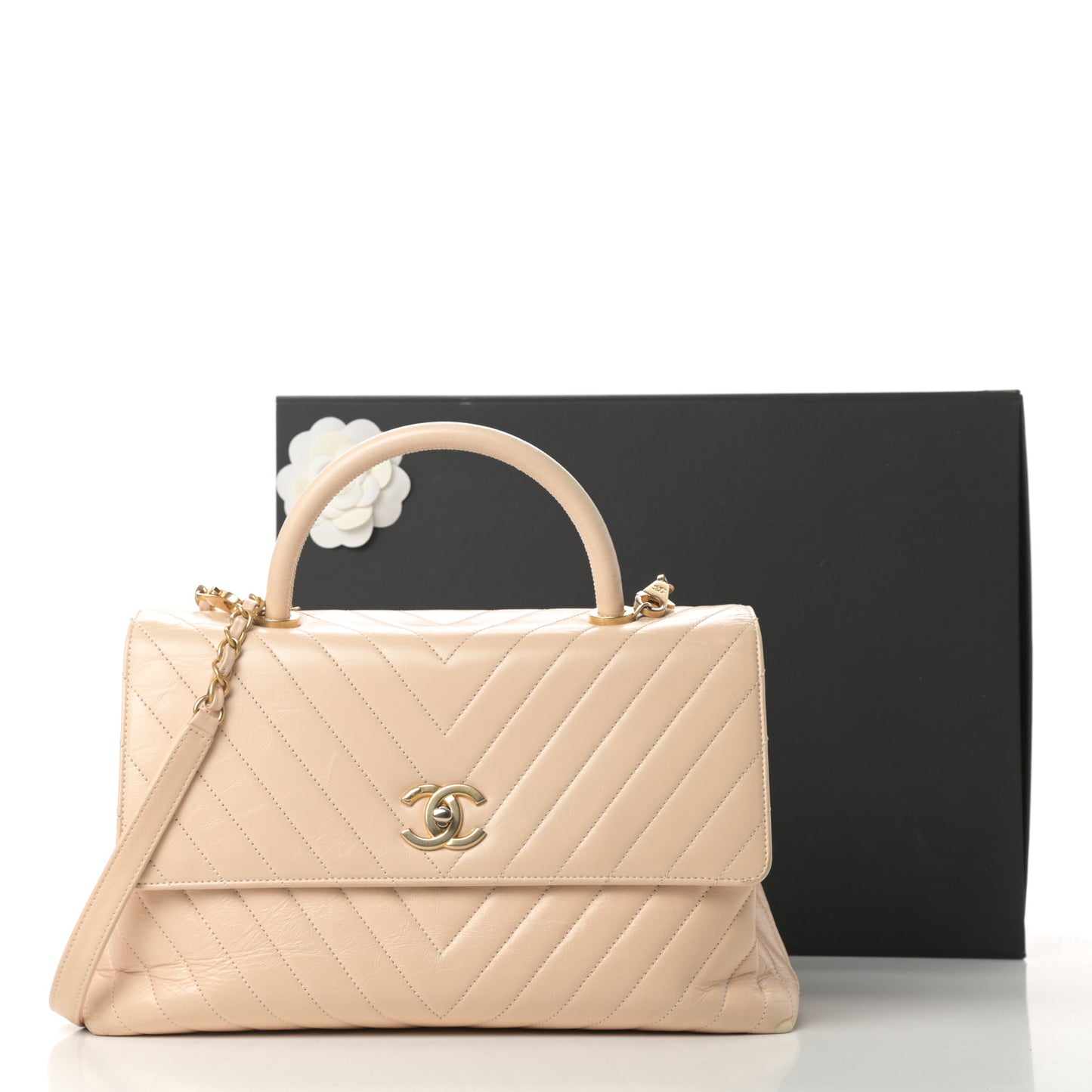 Calfskin Chevron Quilted Medium Coco Handle Flap Beige