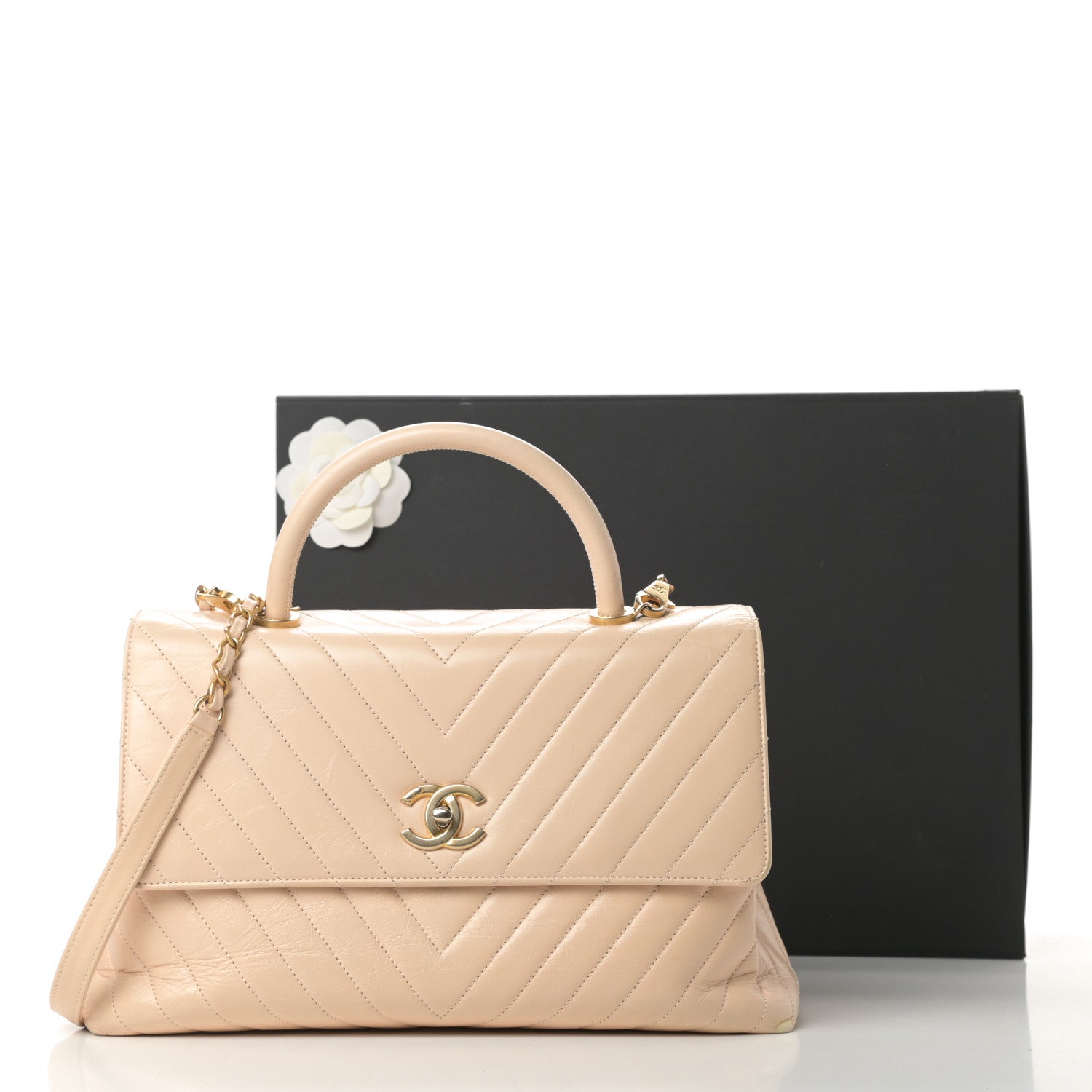 Chanel Calfskin Chevron Quilted Medium Coco Handle Flap Beige 17 of 17