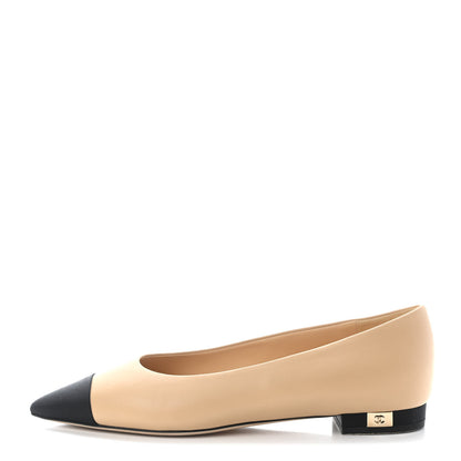 Chanel Lambskin Grosgrain Cap Toe Ballerina Flats 37.5 Beige Black 1 of 7