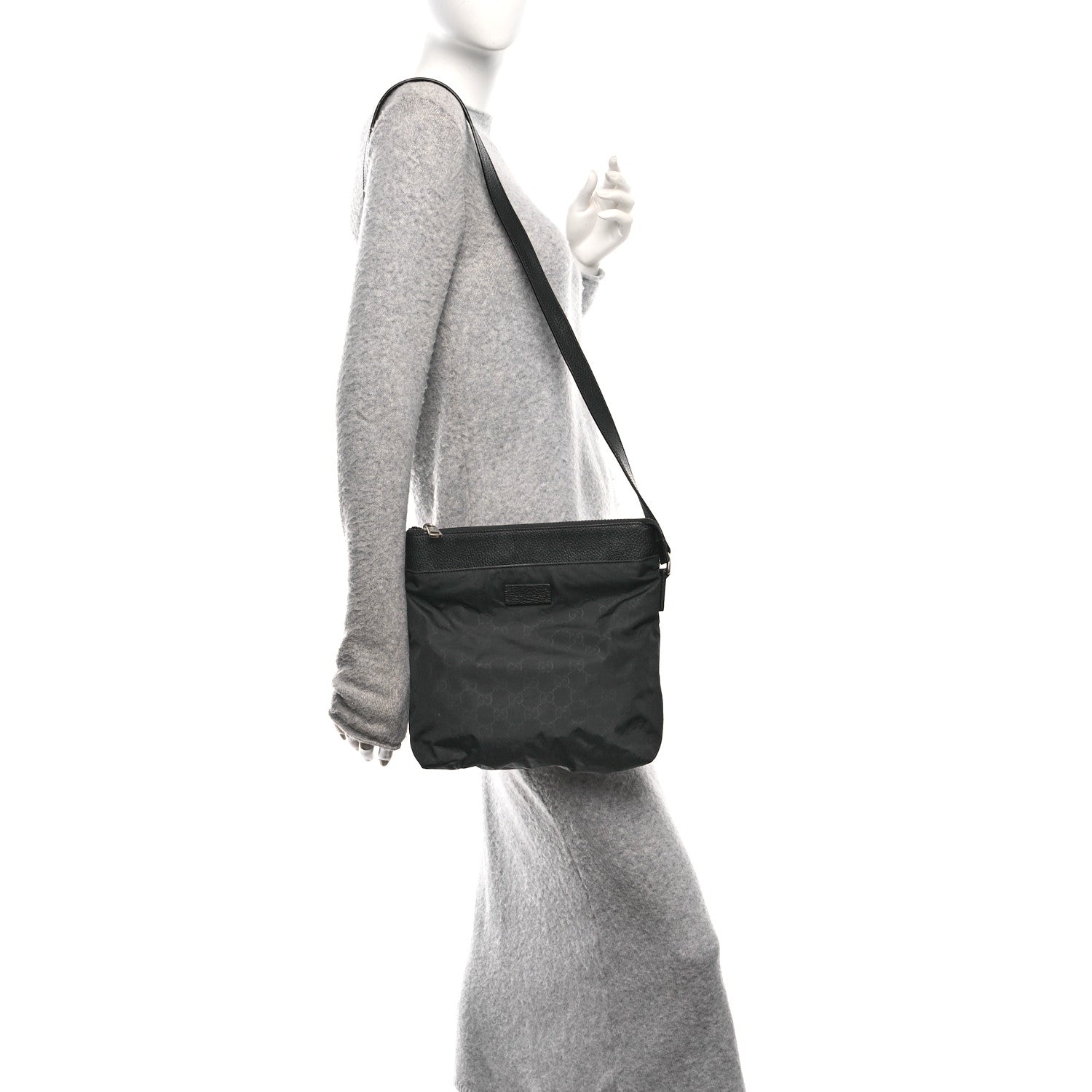 Gucci Nylon Monogram Dollar Calfskin Flat Messenger Bag Black 2 of 11