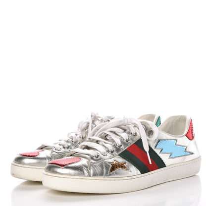 Gucci Metallic Nappa Ayers Web Lightning Bolt Embroidered Mens Ace Sneakers 9 Silver 3 of 15