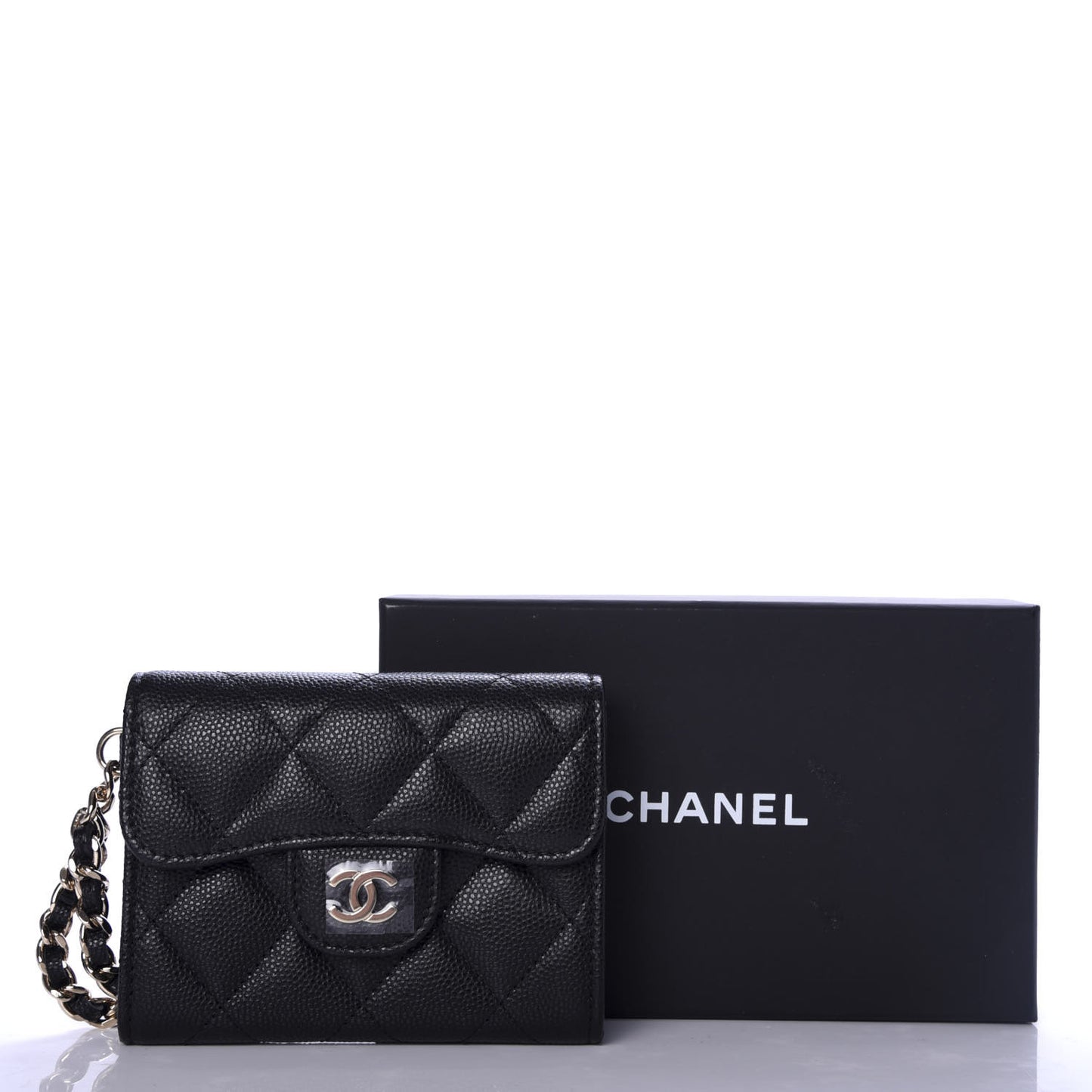 Caviar Quilted Flap Card Holder Chain Wristlet Black