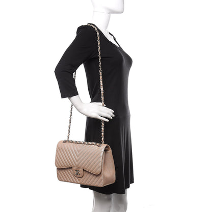 Chanel Metallic Caviar Chevron Quilted Jumbo Double Flap Light Gold 2 of 9