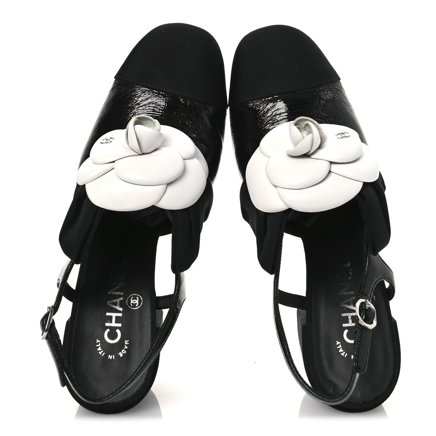 Crumpled Shiny Fabric Grosgrain Cap Toe Camellia Bow Slingback Pumps 38.5 Black