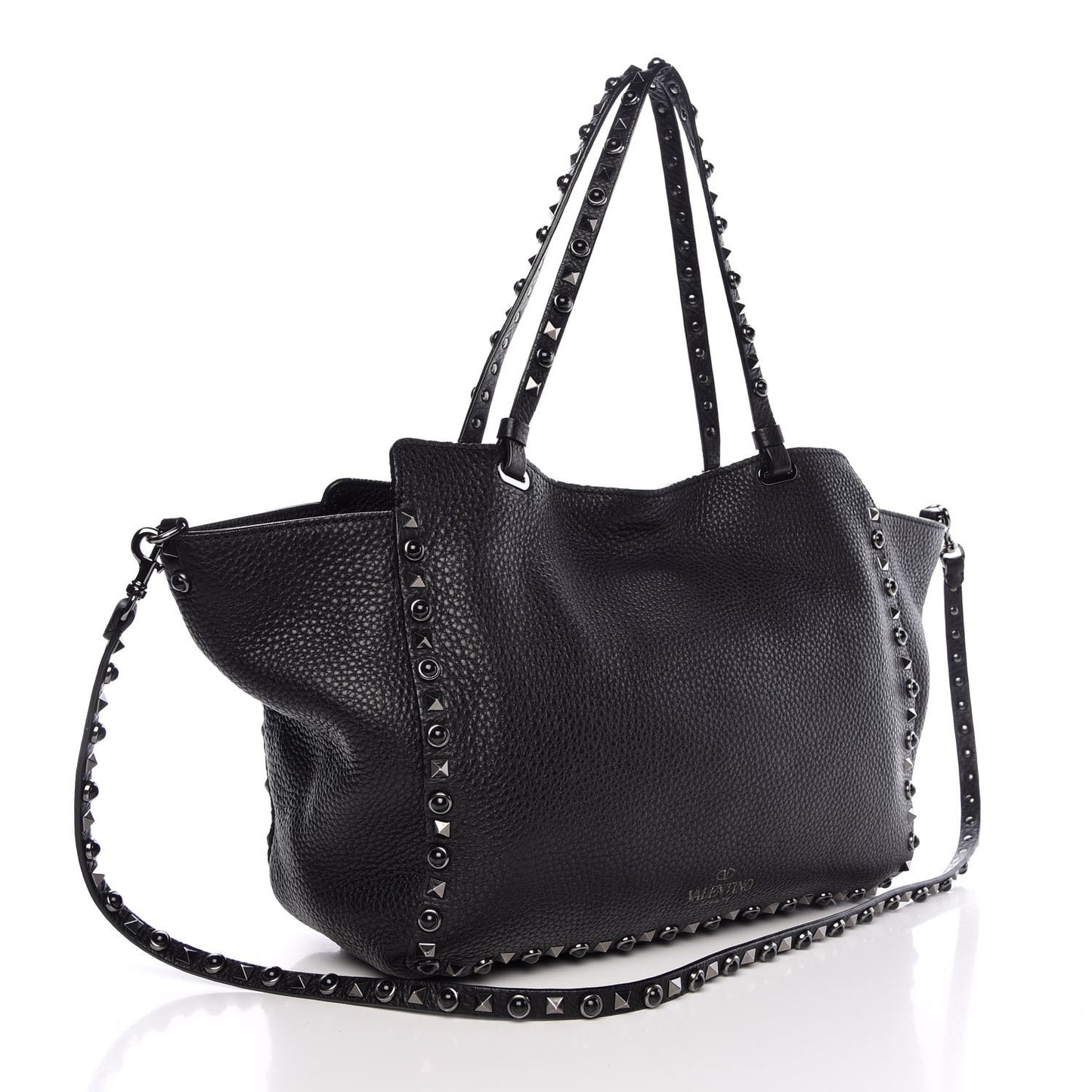 Grained Calfskin Onyx Medium Rockstud Rolling Tote Black