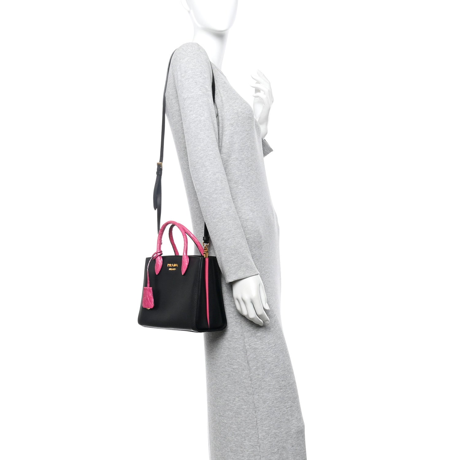 Prada Saffiano Cuir Crocodile Mini Double Bag Black Magenta