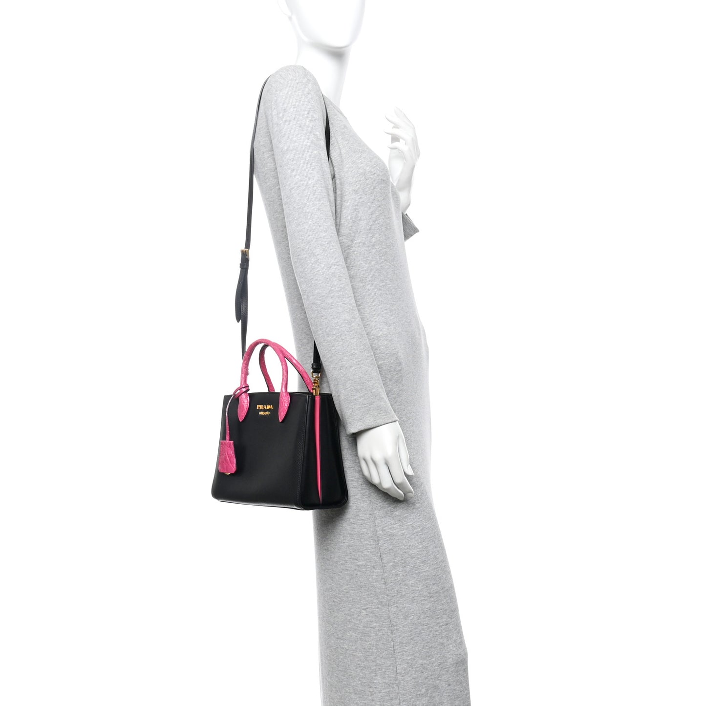 Saffiano Cuir Crocodile Mini Double Bag Black Magenta