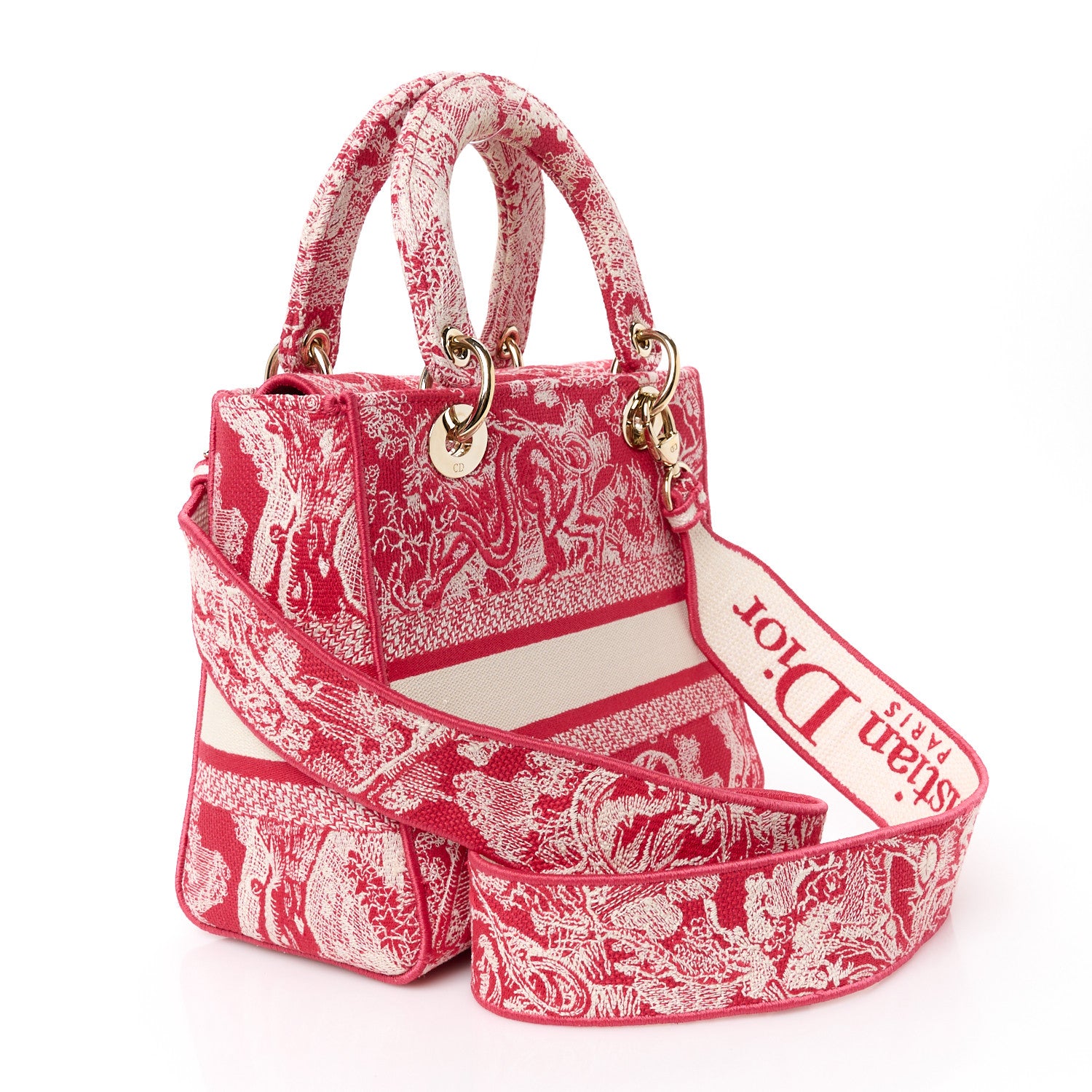 Christian Dior Canvas Toile De Jouy Reverse Embroidered Medium Lady D-Lite Red 3 of 10
