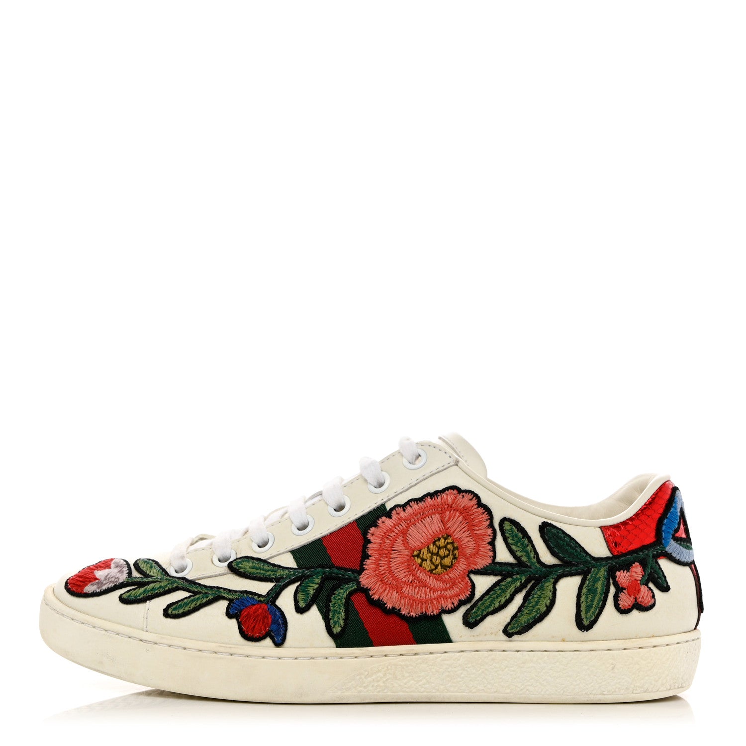 Gucci Calfskin Web Floral Embroidered Womens Ace Sneakers 36.5 White 1 of 11