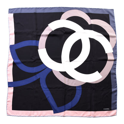 Chanel Silk Camellia CC Square Scarf Black Ivory 1 of 4