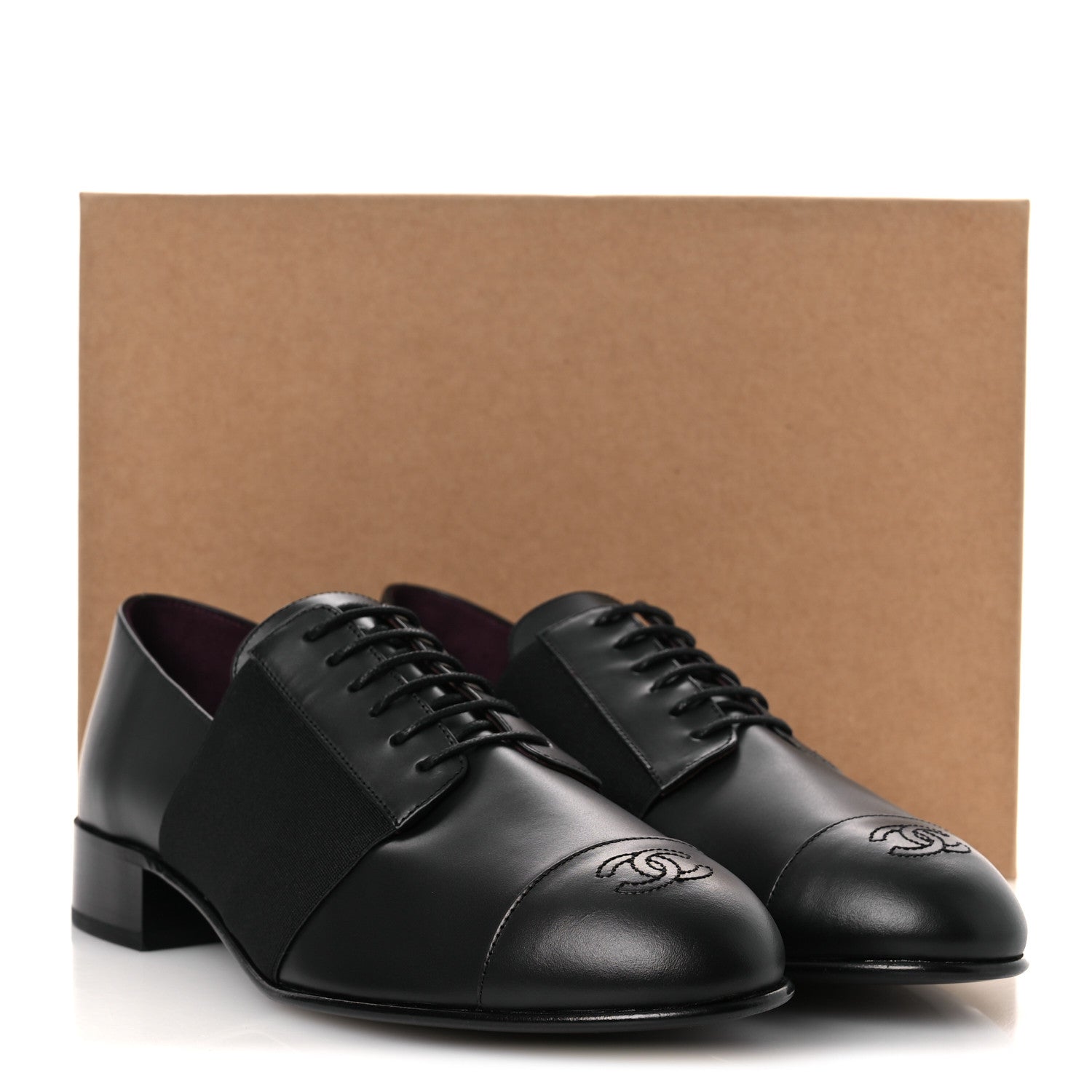 Chanel Calfskin Elastic Lace Up Cap Toe CC Loafers 42 Black 11 of 11