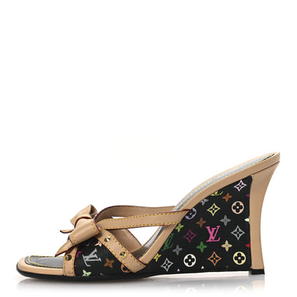 Louis Vuitton Monogram Multicolor Bow Wedge Sandals 38.5 Black 1 of 15