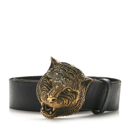 Gucci Calfskin Brass Feline Buckle Belt 80 32 Black 1 of 5