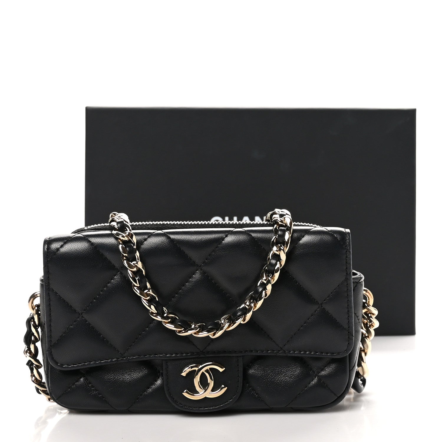 Chanel Lambskin Quilted Resin Bi-Color Flap Phone Holder With Chain Black 12 of 12