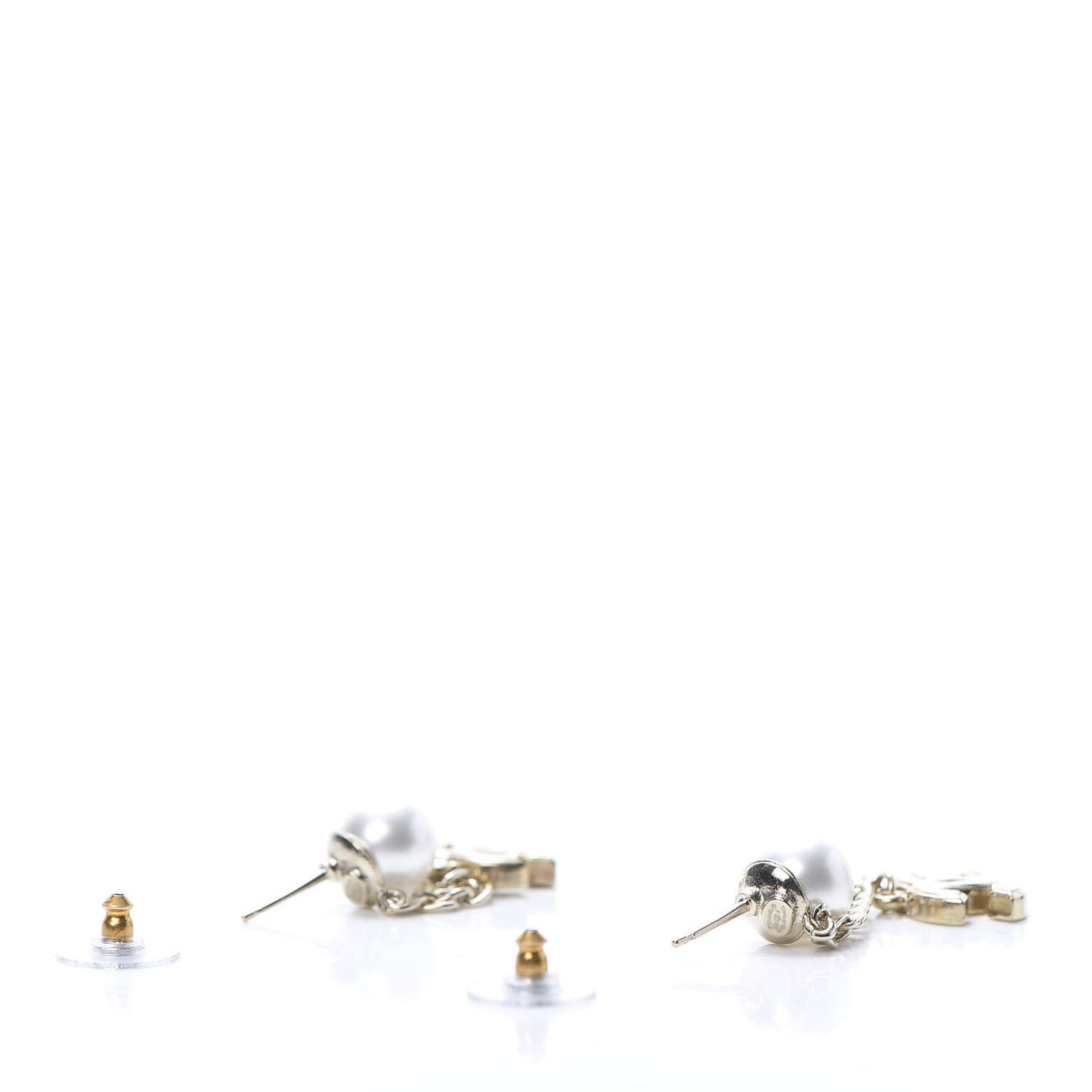 Pearl Crystal CC Long Drop Earrings Gold