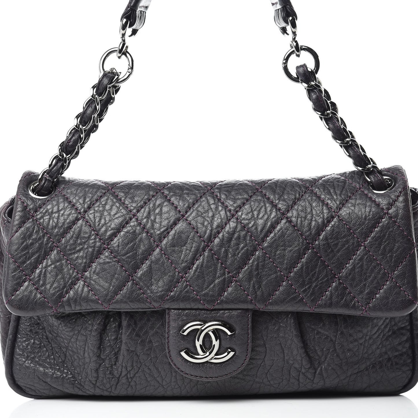 Distressed Lambskin Lady Braid Flap Dark Purple