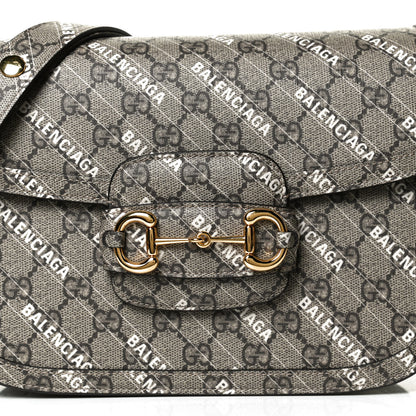 Gucci X BALENCIAGA GG Supreme Monogram Logo Print Horsebit 1955 Shoulder Bag Beige Ebony 9 of 13