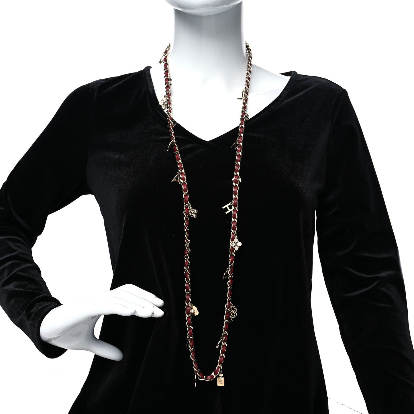 Lambskin Crystal Pearl Charm Long Necklace Red Gold