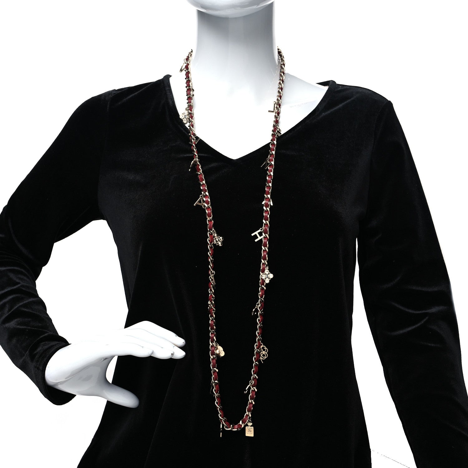 Chanel Lambskin Crystal Pearl Charm Long Necklace Red Gold 2 of 5