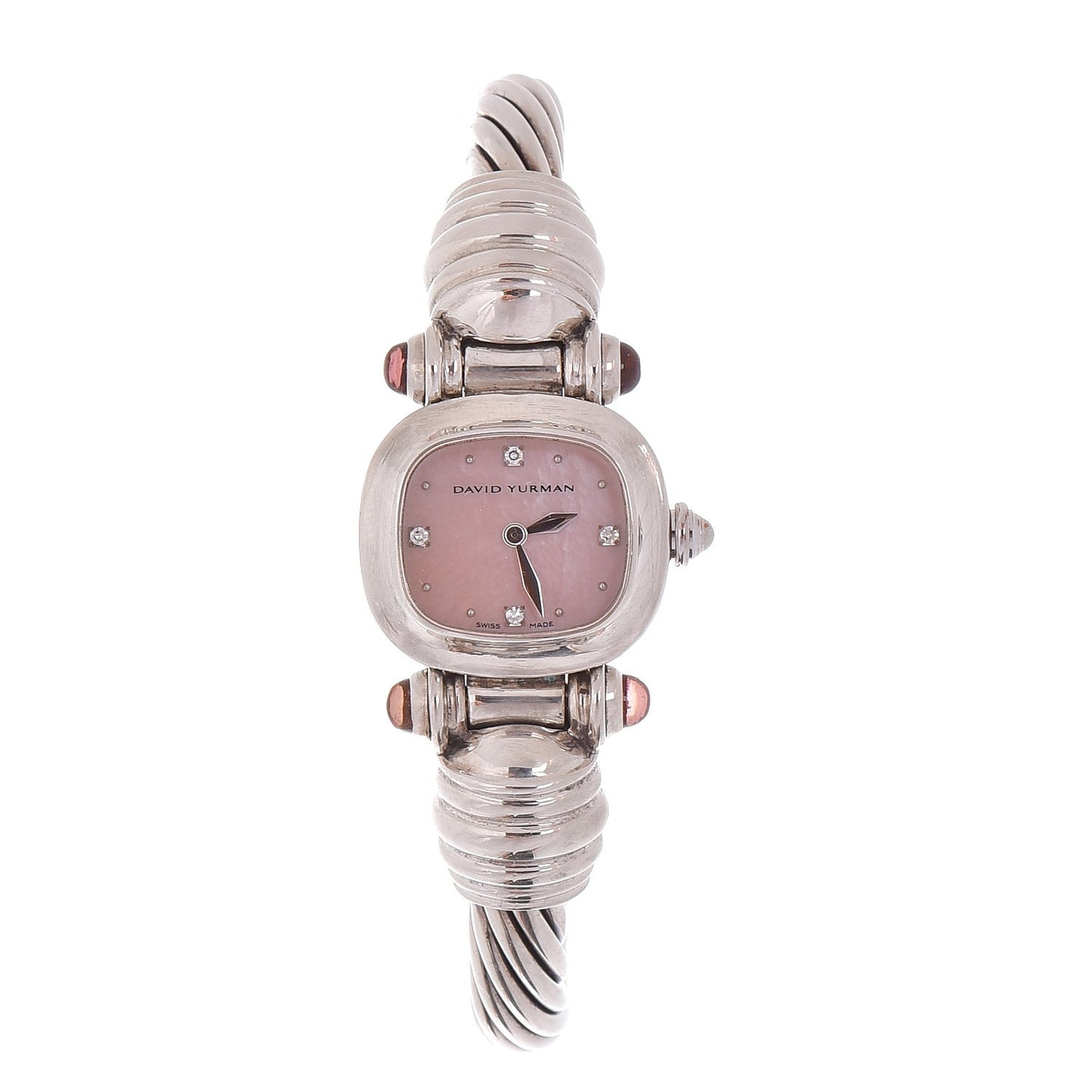 Sterling Silver Diamond Pink Mother of Pearl Pink Tourmaline 21mm Classic Cable Quartz Watch