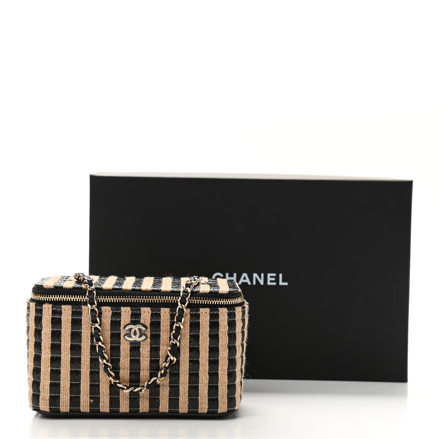 Raffia Jute Striped Small Vanity Case With Chain Black Beige