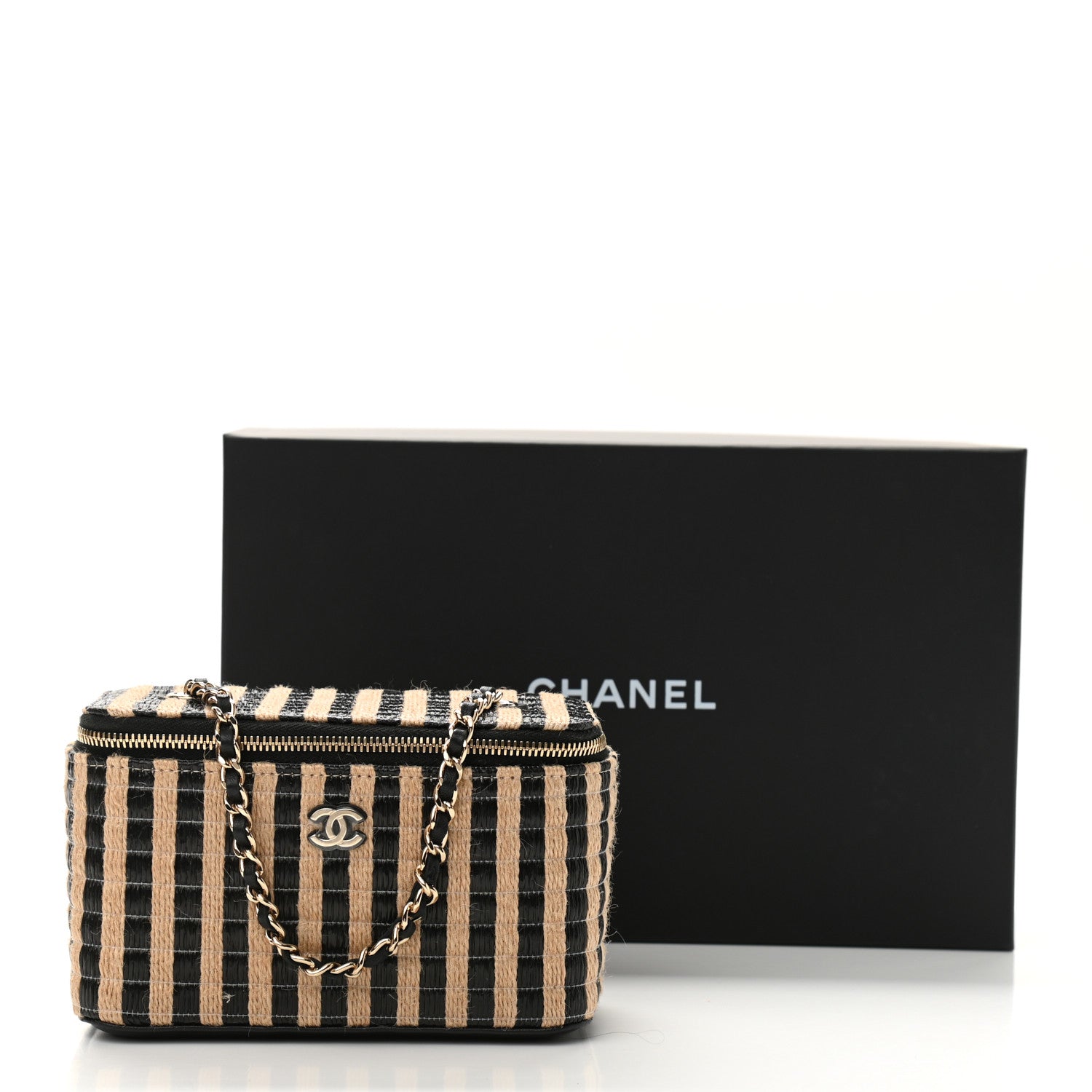 Chanel Raffia Jute Striped Small Vanity Case With Chain Black Beige 11 of 11