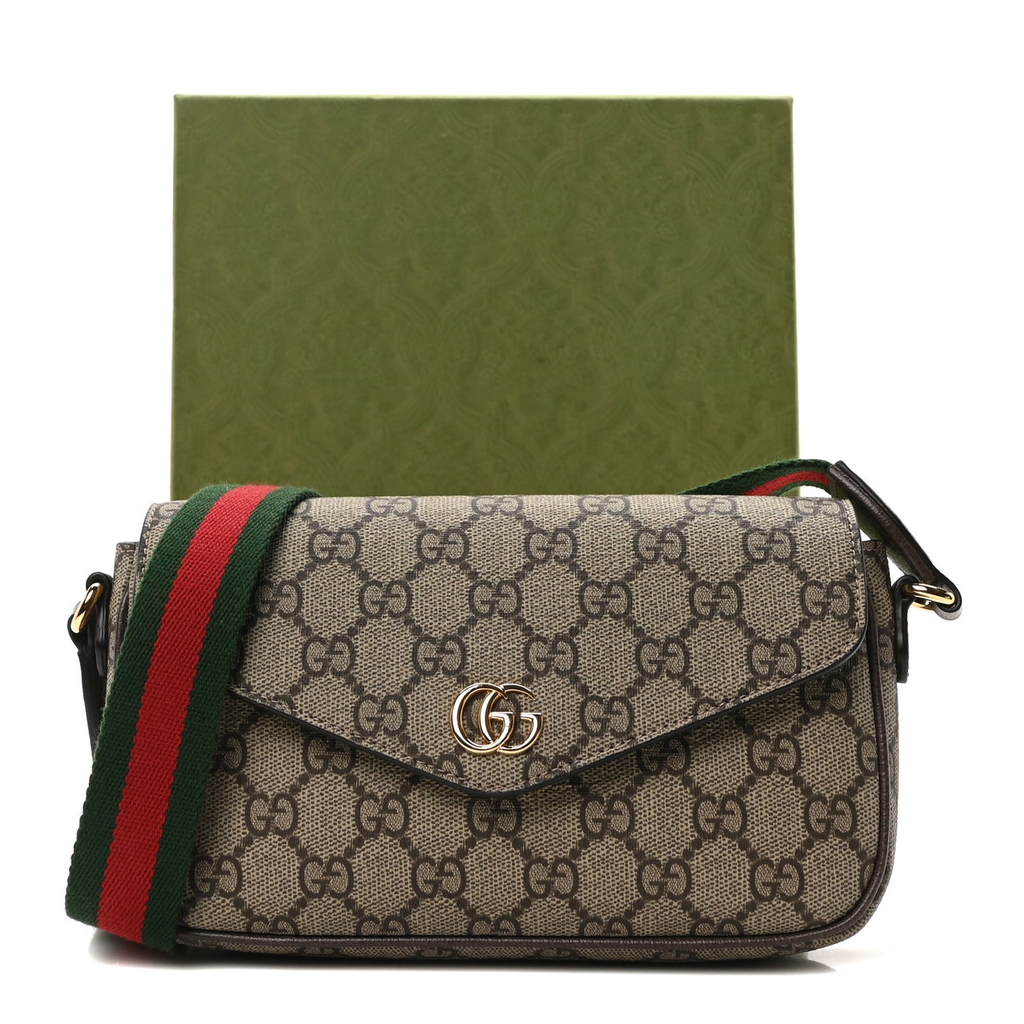 GG Supreme Monogram Textured Dollar Calfskin Web Mini Ophidia Envelope Shoulder Bag Beige Ebony New Acero