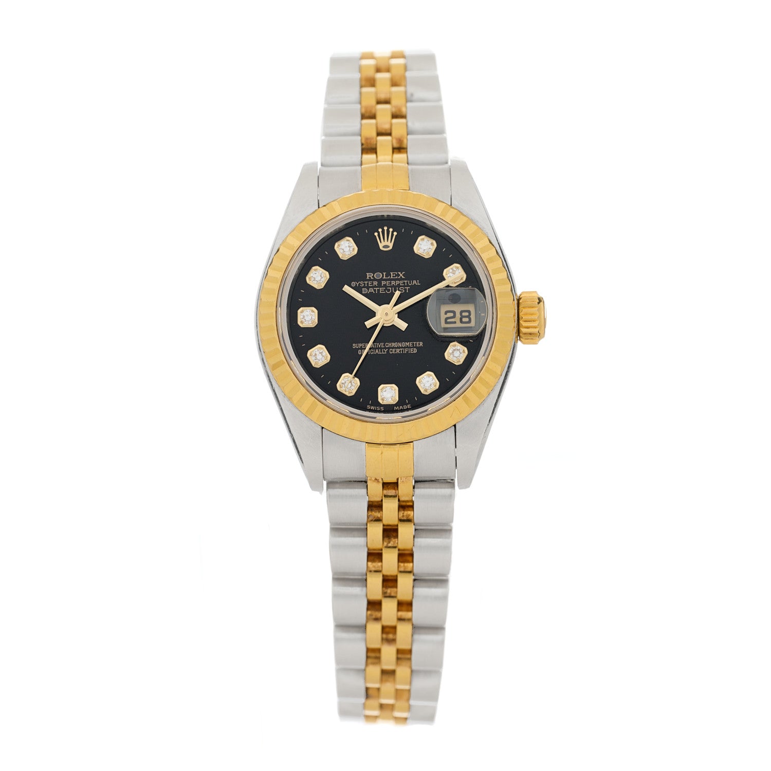 Rolex Stainless Steel 18K Yellow Gold Diamond 26mm Oyster Perpetual Datejust Watch Black 79173 1 of 4
