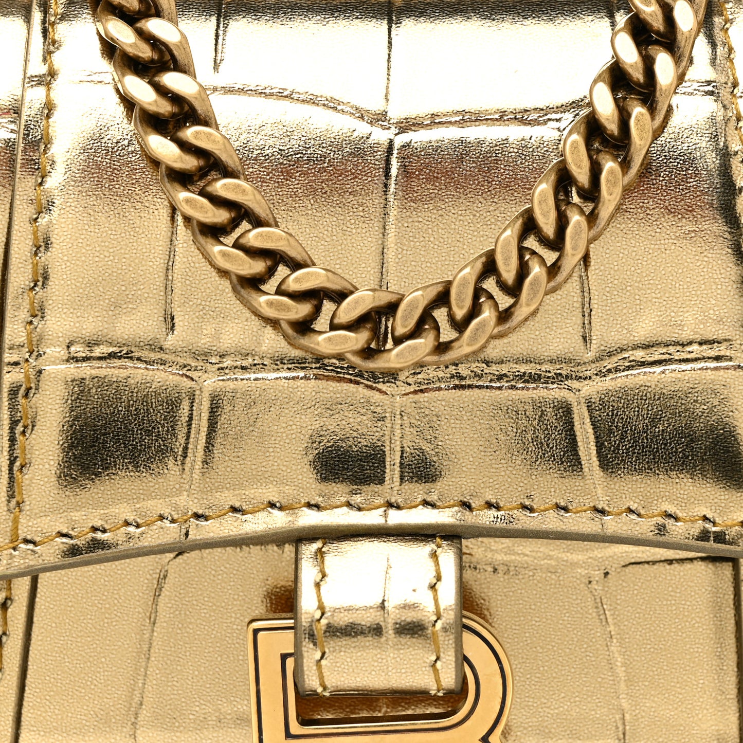 Metallic Calfskin Crocodile Embossed Hourglass Top Handle Bag Mini with Chain Gold
