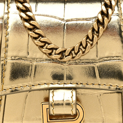 Balenciaga Metallic Calfskin Crocodile Embossed Hourglass Top Handle Bag Mini with Chain Gold 7 of 12