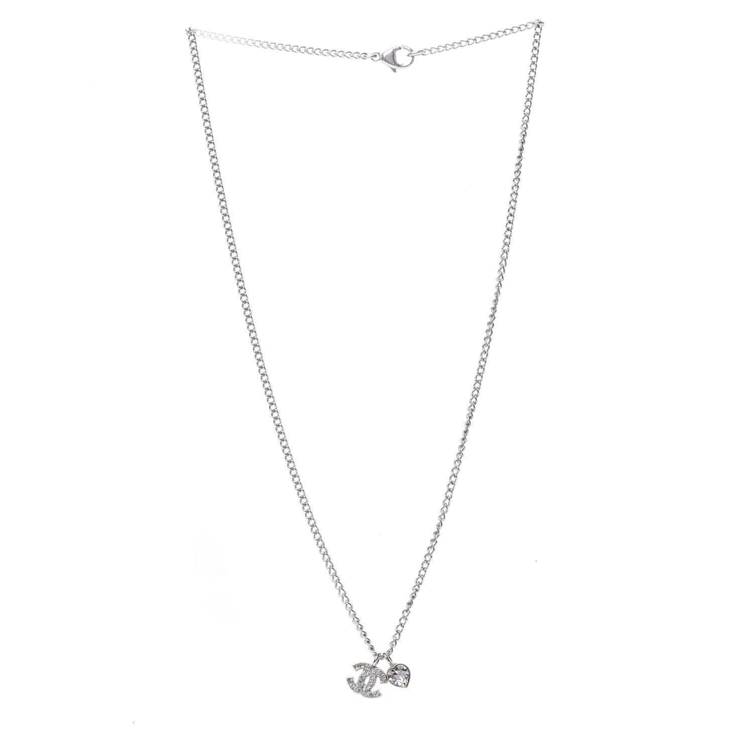 Chanel Crystal Mini Heart CC Necklace Silver 3 of 5