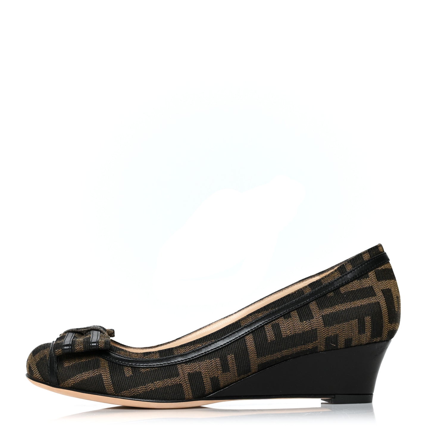 Canvas FF Calfskin Bow Wedge Mules 36 Tobacco Moro