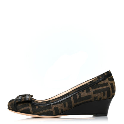 Fendi Canvas FF Calfskin Bow Wedge Mules 36 Tobacco Moro 1 of 7