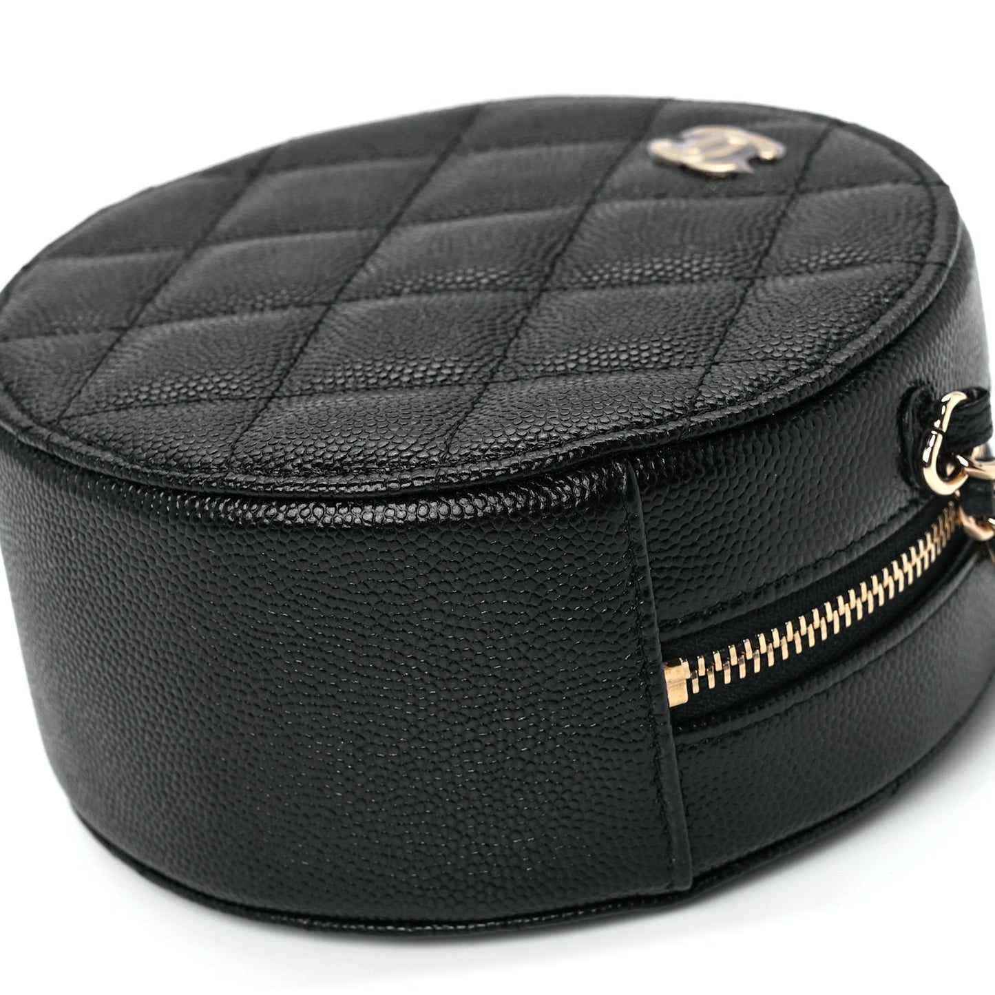 Caviar Quilted Round Clutch With Chain Black