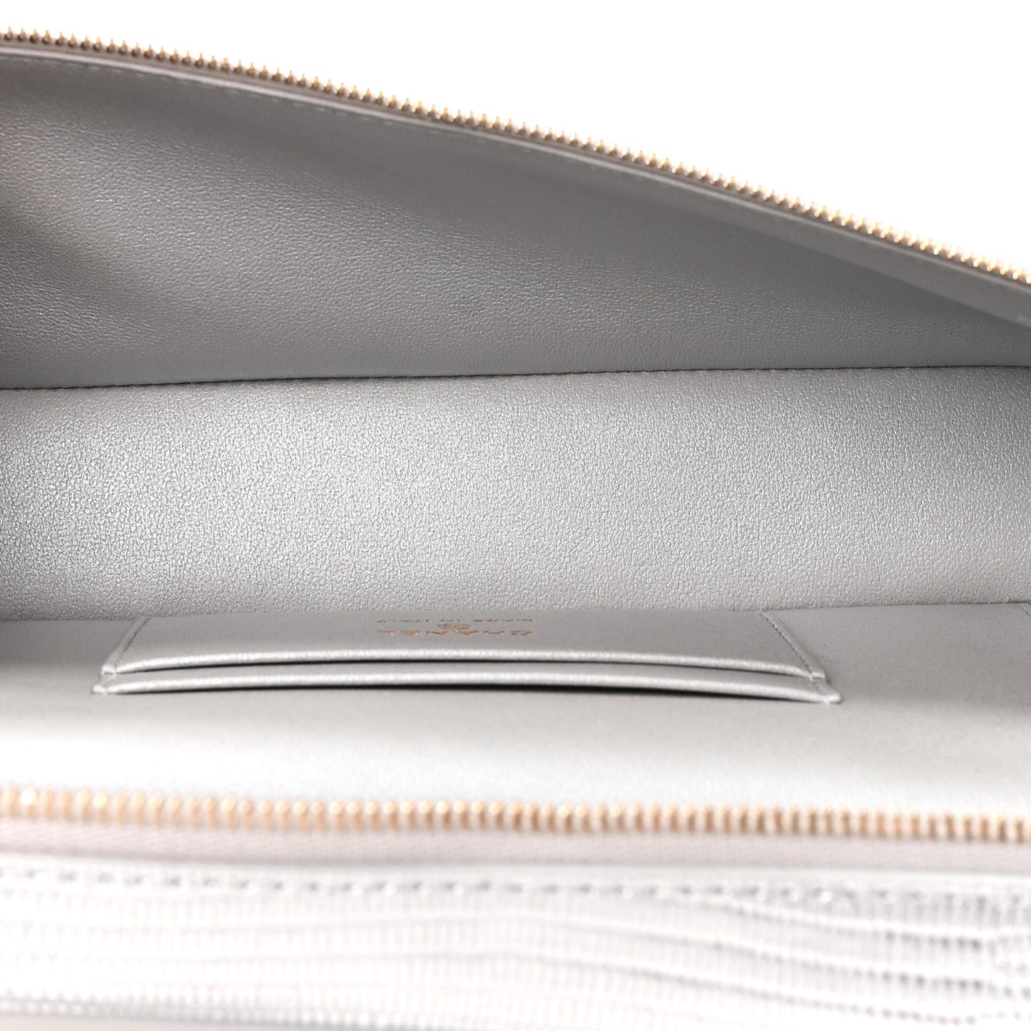 Lizard Embossed Calfskin Top Handle Slim Vanity With Chain Silvery