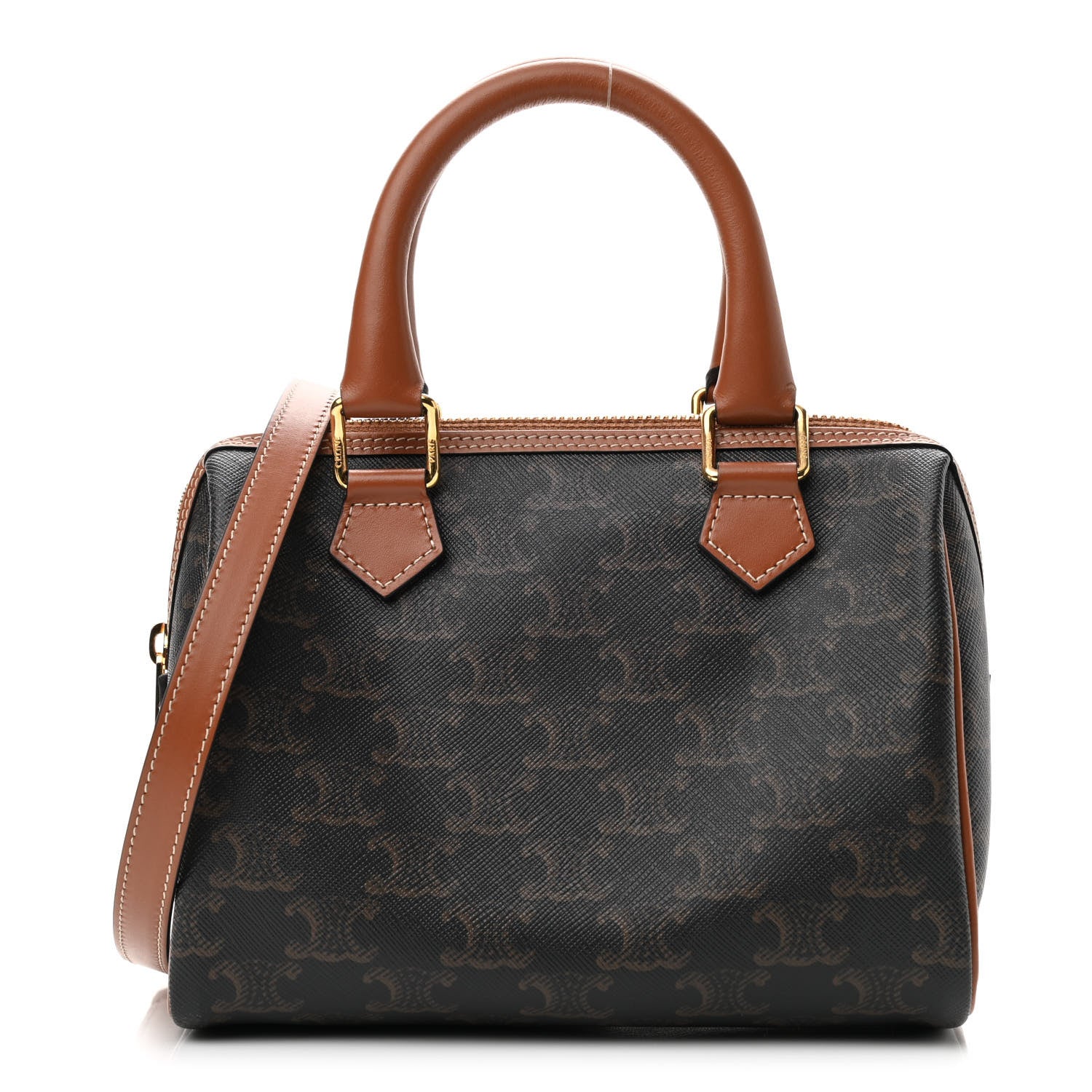 Celine Triomphe Canvas Calfskin Small Boston Bag Tan 1 of 9