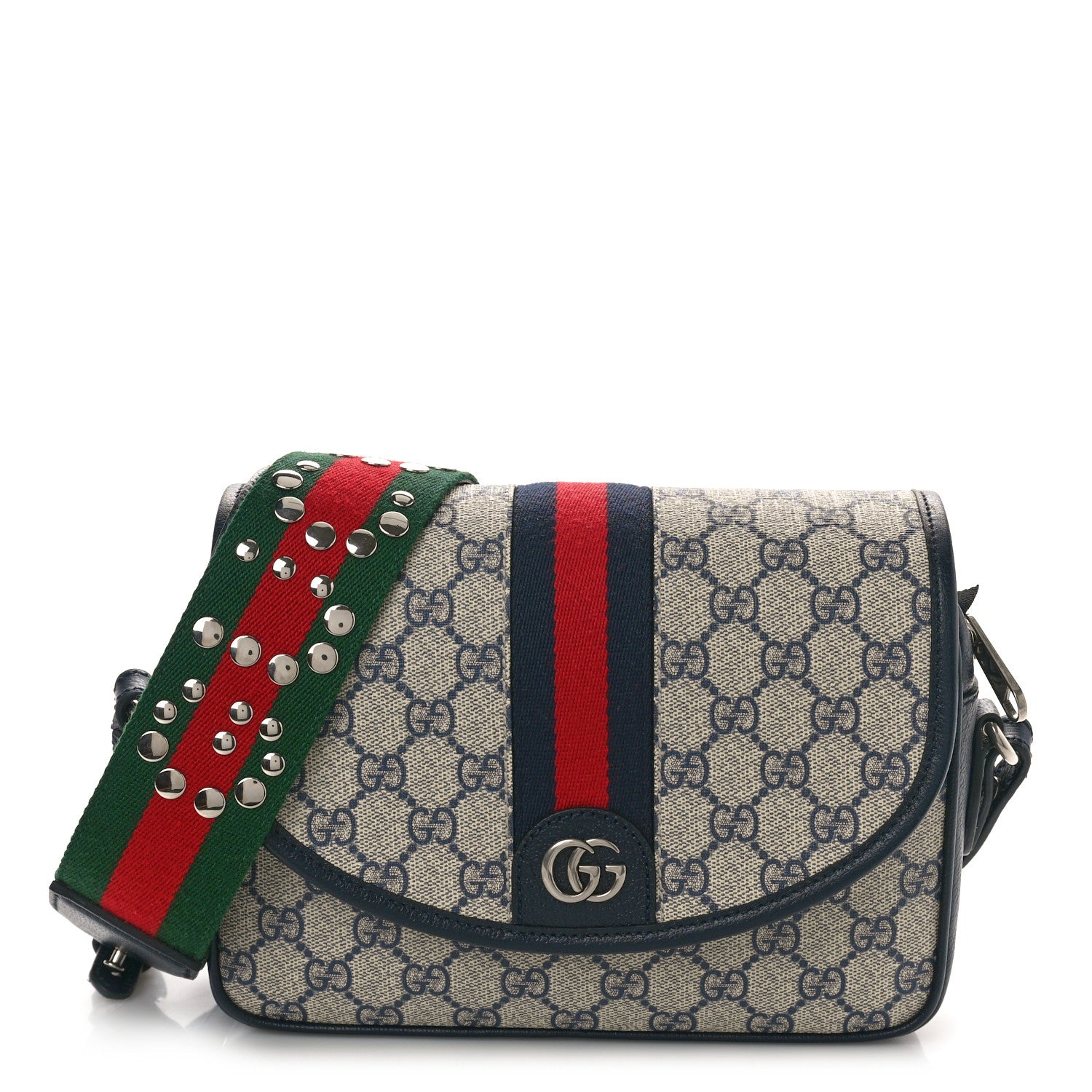 Gucci GG Supreme Monogram Textured Dollar Calfskin Web Studded Mini Ophidia Flap Shoulder Bag Beige Blue 1 of 10