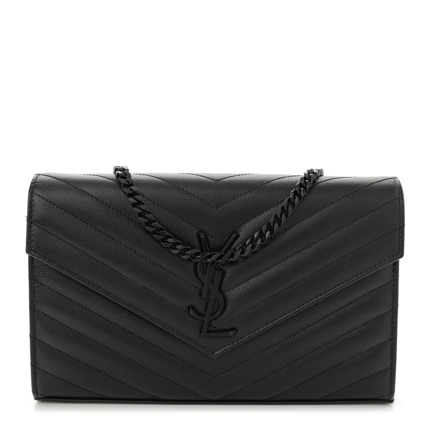 Saint Laurent Grain De Poudre Matelasse Chevron Monogram Monochrome Chain Wallet Black 1 of 13
