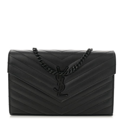 Saint Laurent Grain De Poudre Matelasse Chevron Monogram Monochrome Chain Wallet Black 1 of 13