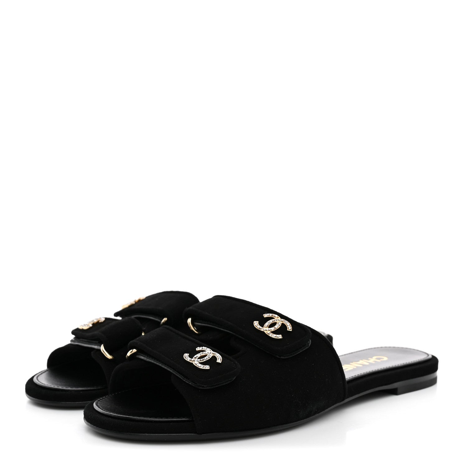 Chanel Suede Kidskin Velcro Crystal CC Mules 38.5 Black 4 of 10