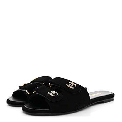 Chanel Suede Kidskin Velcro Crystal CC Mules 38.5 Black 4 of 10
