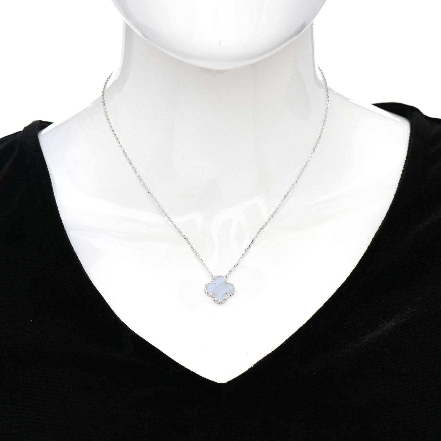 18K White Gold Chalcedony Vintage Alhambra Pendant Necklace