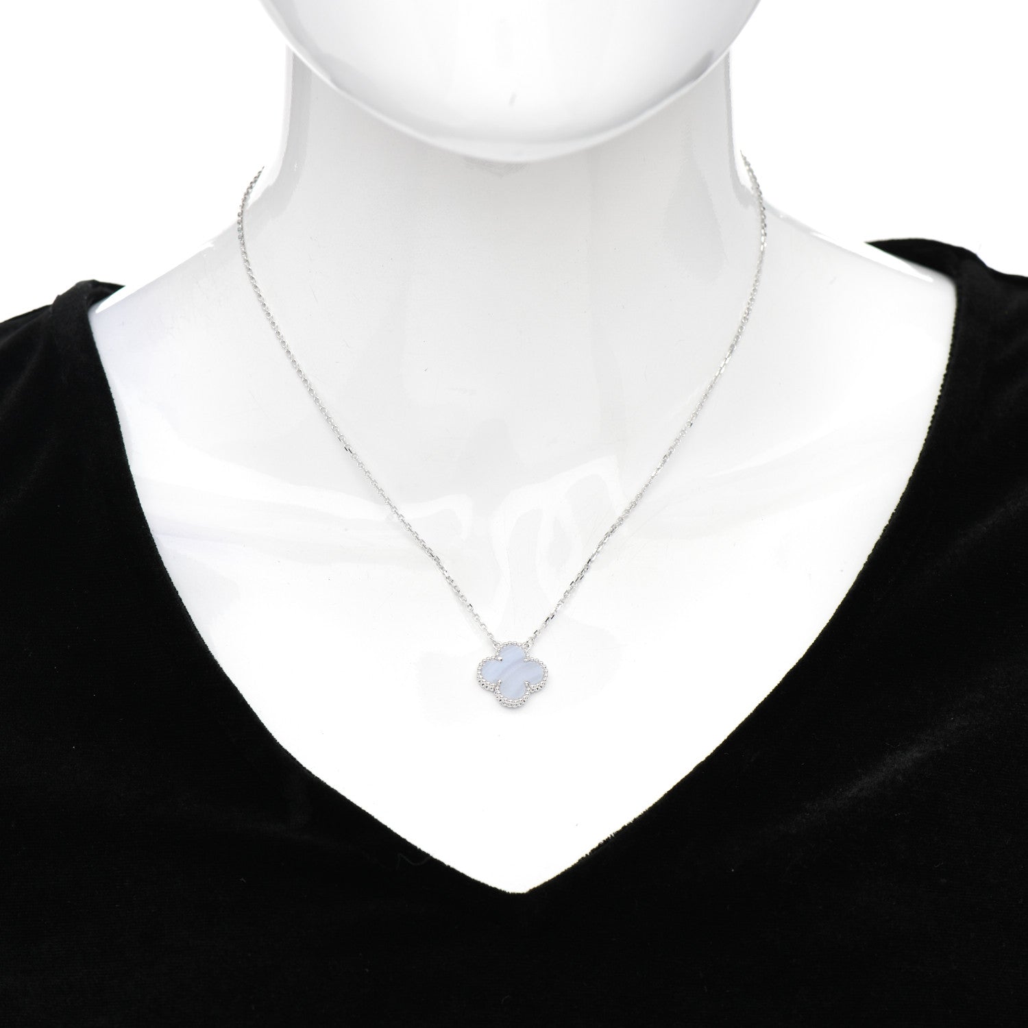 Van Cleef & Arpels 18K White Gold Chalcedony Vintage Alhambra Pendant Necklace 2 of 5