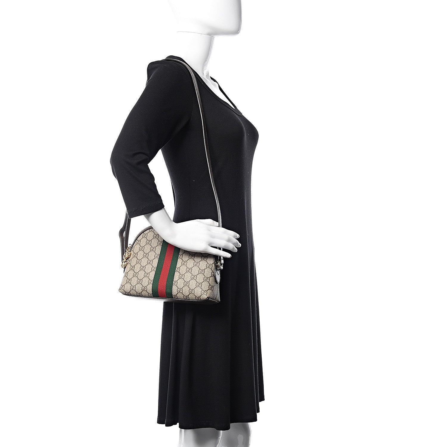 Gucci GG Supreme Monogram Textured Dollar Calfskin Web Small Ophidia Dome Shoulder Bag Beige Ebony New Acero 2 of 12