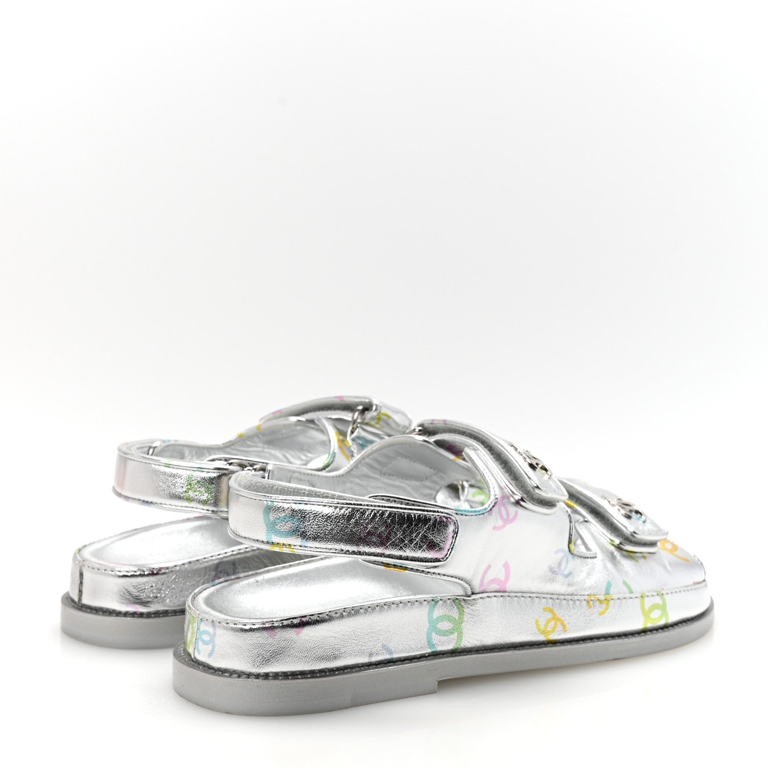 Chanel Laminated Lambskin Printed CC Dad Sandals 39 Silver Multicolor 5 of 9