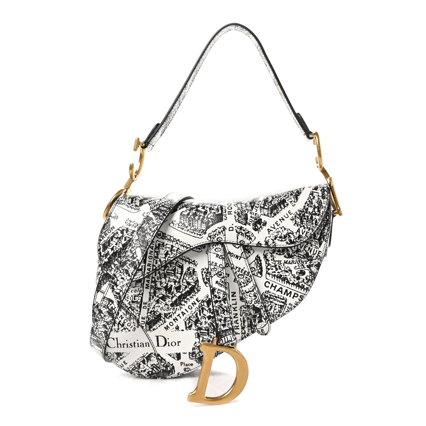 Calfskin Plan De Paris Printed Saddle Bag With Strap White Black